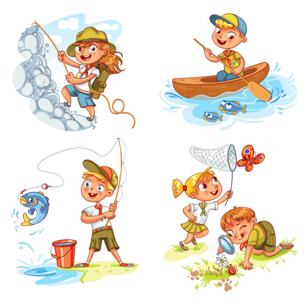 illustrazioni stock, clip art, cartoni animati e icone di tendenza di bambini scout persone avventura campeggio - nautical vessel fishing child image