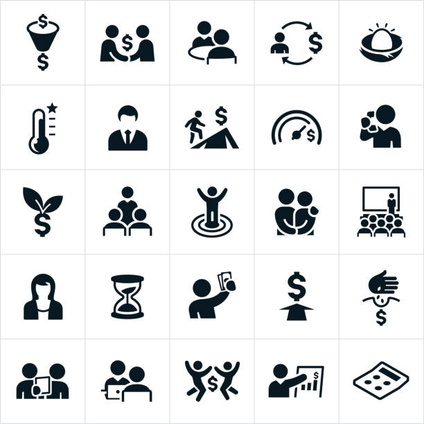 Financial Planning Icons A set of financial planning icons. The icons include financial planners, saving for the future, investing, financial goals and other related concepts. retirement planning advisor stock illustrations