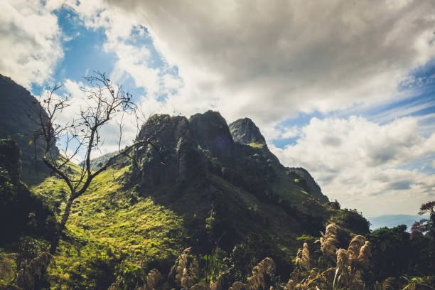 istock Mountain landscape with cloudy blue sky background 869772970