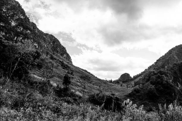 istock Mountain landscape with cloudy blue sky background in black and white 869774052