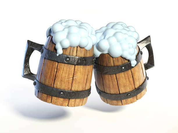 Pair of wooden mugs, tankard 3d rendering