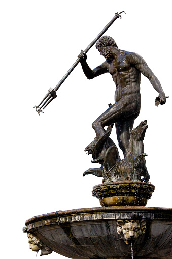 The Neptune Fountain, statue of the Roman God of the Sea (Poseidon in Greek mythology) isolated on white background, 17th century bronze sculpture located in Old Town of Gdansk, Poland