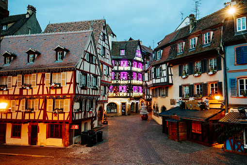 Old town illuminated and decorate magical like a fairy tale in Noel festive season in Colmar, Alsace, France.