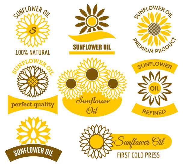 Sunflower oil logo set Sunflower oil logo set. Vector sunflowers sun field plants labels and emblems set helianthus stock illustrations