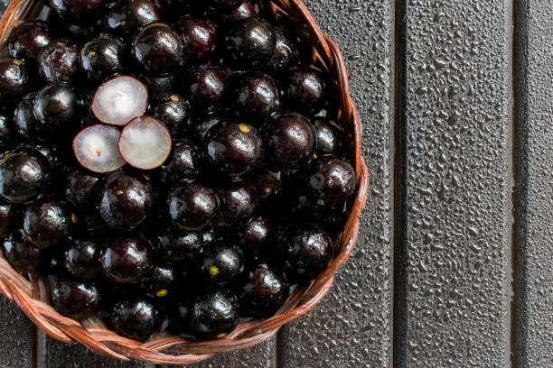 jabuticabas, auch bekannt als brasilianische beere oder brasilianischen grapetree (plinia cauliflora) früchte auf einem hölzernen rebe korb mit schwarzem holz hintergrund nass mit wassertropfen - berry vine stock-fotos und bilder