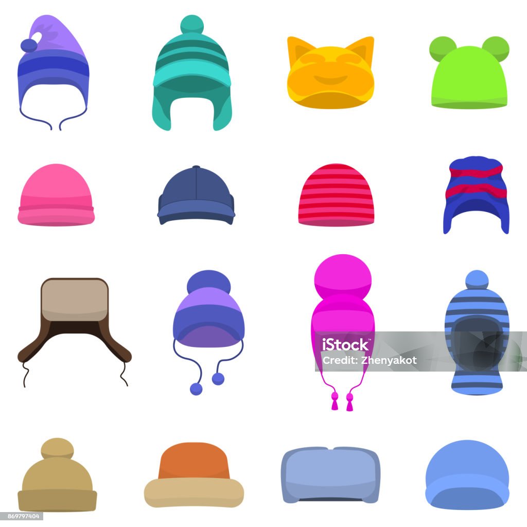 Vector set cartoon winter hats cap beanie Vector illustration set of cartoon winter hats. Isolated white background. Knitted head winter accessories. Flat style. Collection of caps, beanie. Knit Hat stock vector