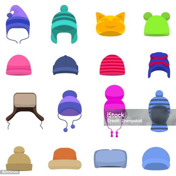 Vector Set Cartoon Winter Hats Cap Beanie Stock Illustration - Download Image Now - Knit Hat, Hat, Cap - Hat