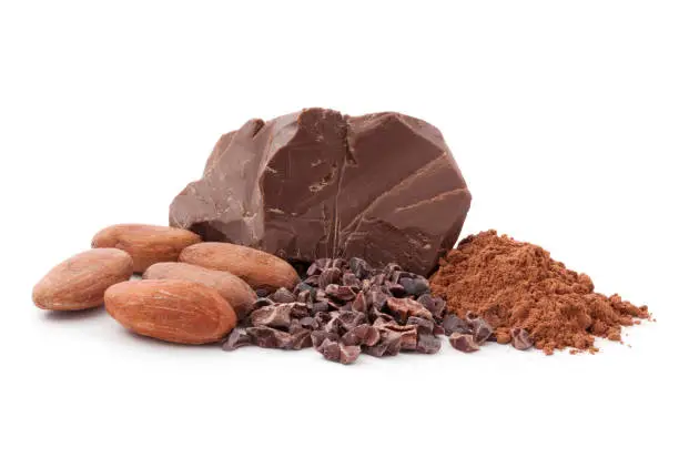 Milk chocolate chunks, cocoa beans, cocoa nibs and cocoa powder isolated on white background