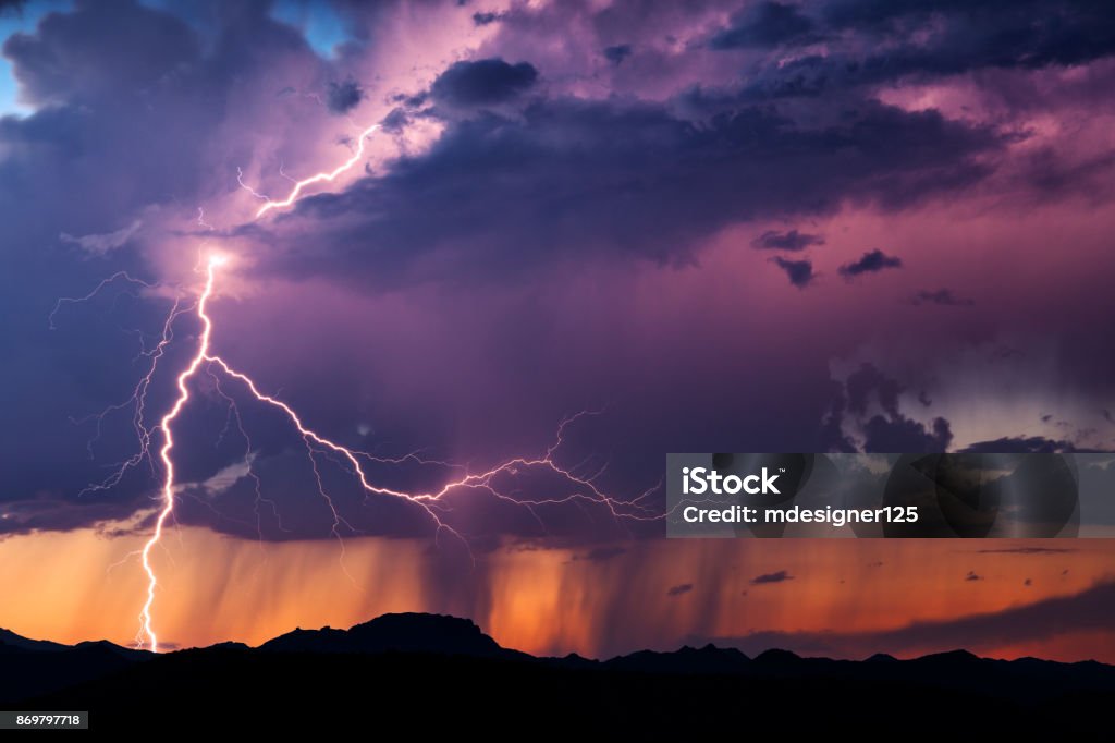 Lightning Lightning illuminates an isolated thunderstorm at sunset in the Arizona desert. Mountain Stock Photo