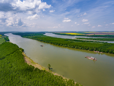 Danube River in Dobrogea, Romania aerial view from a drone