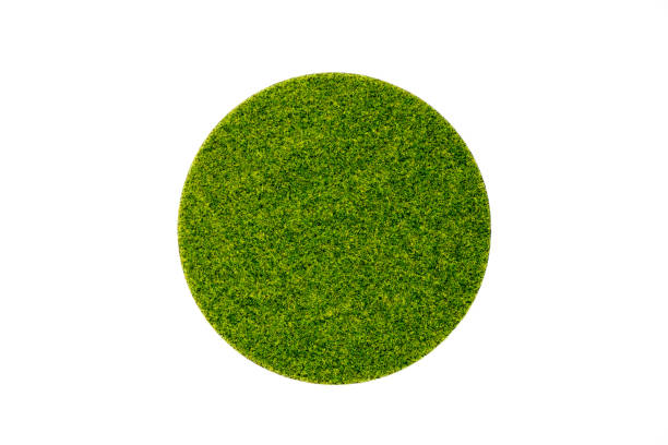 erba verde artificiale in piatto rotondo su sfondo bianco - lawn ball circle green foto e immagini stock