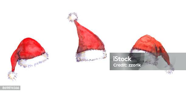 Christmas Santa Red Hats Watercolor Stock Illustration - Download Image Now - Watercolor Painting, Christmas, Santa Hat