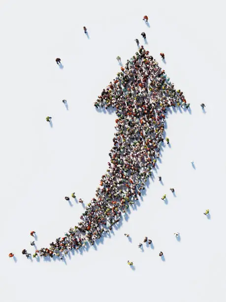 Human crowd forming a big arrow symbol on white background. Vertical composition with copy space. Clipping path is included. Social Media concept.