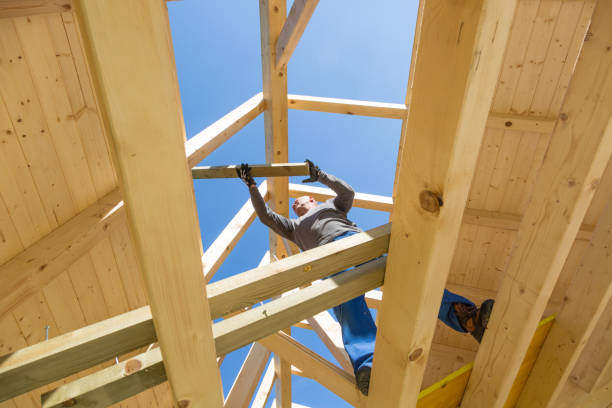 istock Builder at work with wooden roof construction. 869819098