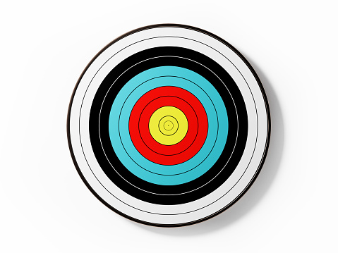 A colorful archery target isolated on white background. Horizontal composition with copy space. Clipping path is included.