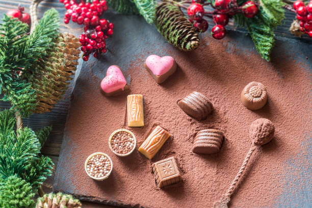 istock Chocolate candies with cocoa and Christmas tree branch 869822694