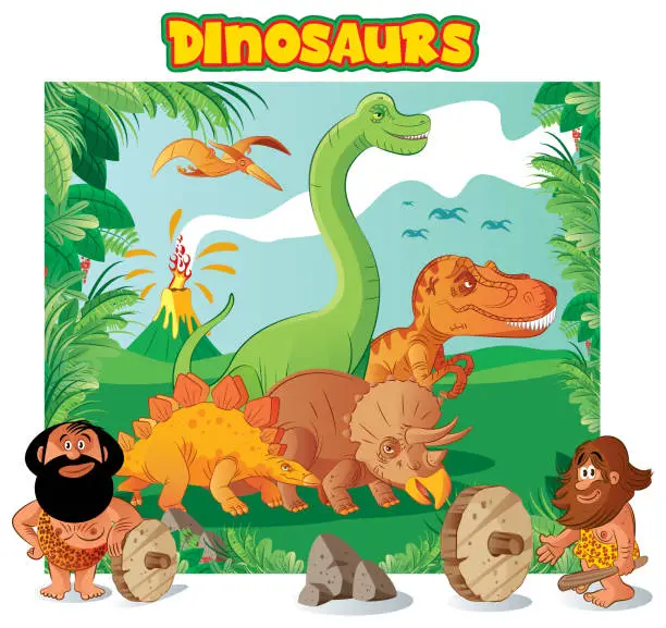 Vector illustration of Dinosaurs and Caveman