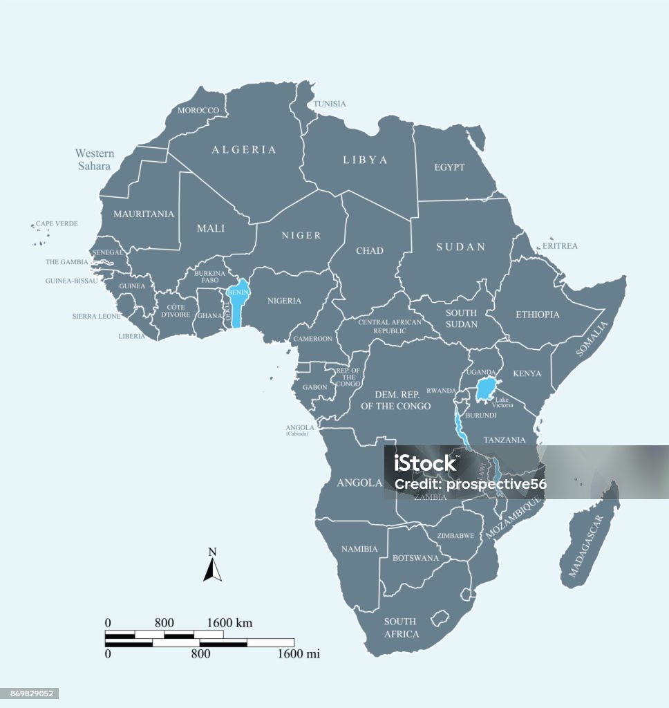 Africa map vector outline illustration with miles and kilometers scales and countries names labeled in blue background This vector map of Africa continent is accurately prepared by a GIS and remote sensing expert with highly detailed information. Map stock vector