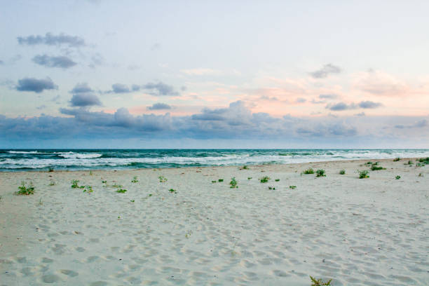 istock Sandy empty sea coastal sea view, cloudy colourful sunrise skyview 869833882