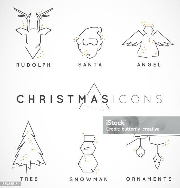 Minimal Line Christmas Illustrations With Sparkles Stock Illustration - Download Image Now - Christmas, Modern, Sparse