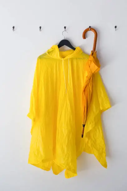 Photo of Raincoat and umbrella hanging on hook