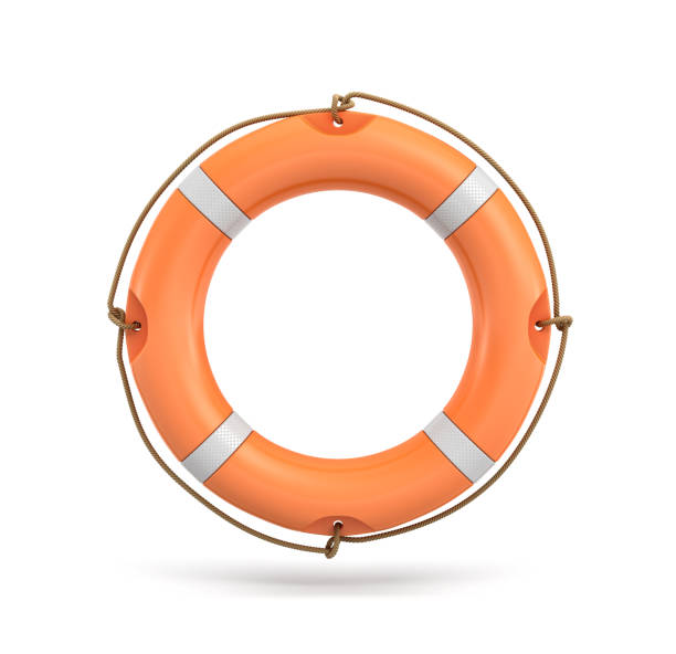 istock 3d rendering of a single isolated orange life buoy hanging over a white background. 869839186
