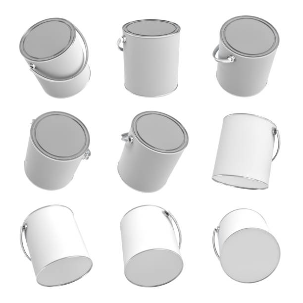 istock 3d rendering of many still paint buckets with handles and closed lids isolated on a white background. 869840992