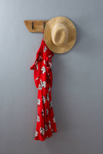 istock Red dress and hat hanging on hook 869841284