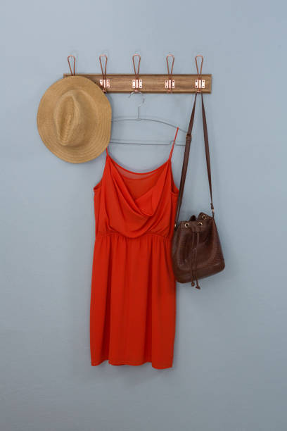 istock Red dress, hat and bag hanging on hook 869841328