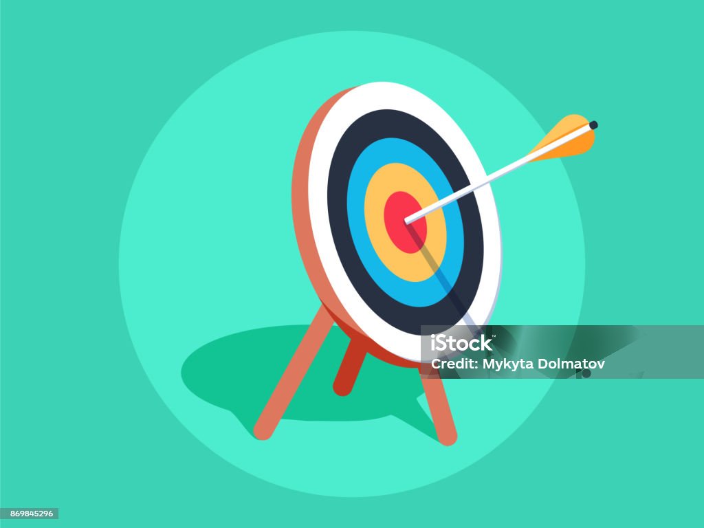 Target on wooden tripod with arrow in cente. Goal setting. Smart goal. Business target concept. Achievement and success. Target on wooden tripod with arrow in cente. Goal setting. Smart goal. Business target concept. Achievement and success. Vector illustration in flat style Goal - Sports Equipment stock vector