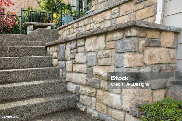 Cultured Stone Work On Front Of House In Suburban Residential Neighborhood Stock Photo - Download Image Now