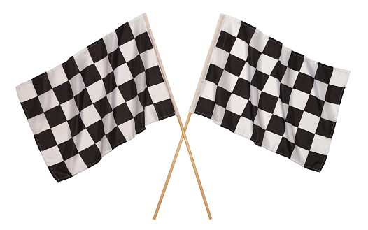 Two Checker Flags Criss Crossed Isolated on a White Background.