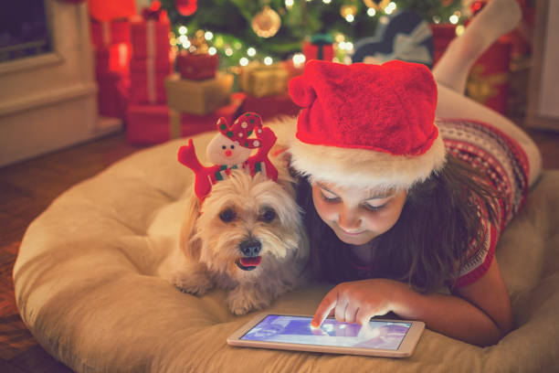 istock Beautiful little girl using digital tablet on Christmas night 869848210
