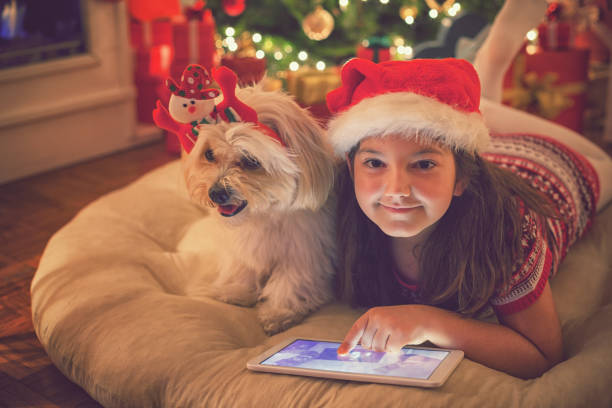 istock Beautiful little girl using digital tablet on Christmas night 869848818
