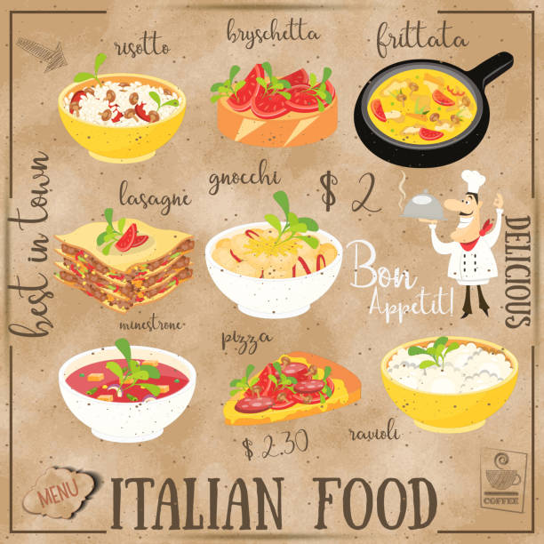 ilustraciones, imágenes clip art, dibujos animados e iconos de stock de menú de comida italiana - minestrone