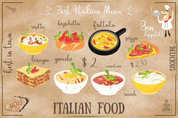 ilustraciones, imágenes clip art, dibujos animados e iconos de stock de menú de comida italiana - minestrone