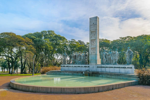 Monument at Parque Rodo Park, Montevideo, Uruguay MONTEVIDEO, URUGUAY, JULY - 2017 - Monument surrounded by trees at park in Montevideo city, Uruguay park designer label stock pictures, royalty-free photos & images