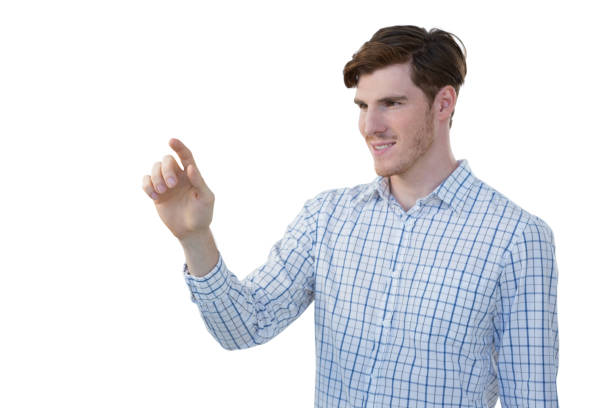 istock Male executive pretending to use an invisible screen 869858906