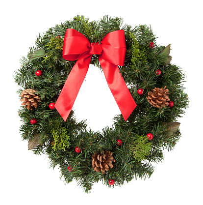 Holiday Wreath with Pine Cones and Red Ribbon Isolated on White Background.