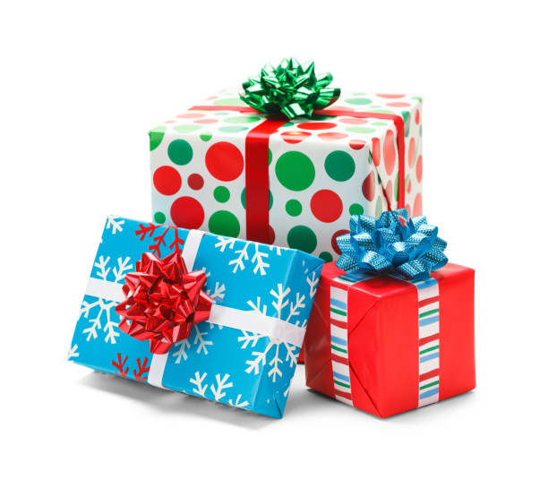 Christmas Presents Three Christmas Wrapped Gifts Isolated on White Background. christmas present stock pictures, royalty-free photos & images