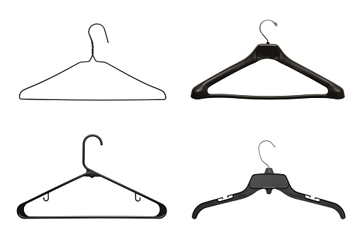 Four Black Clothes Hangers Isolated on White Background.