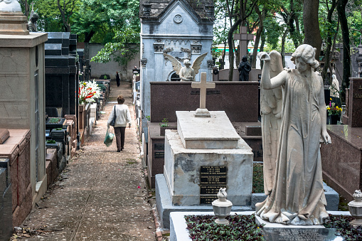 The tombstone of famous rock band The Doors singer - Jim Morrison in Pere Lachaise cemetery in Paris, France