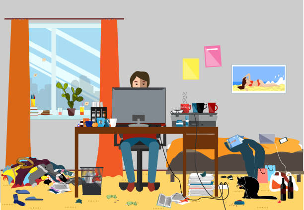 Illustration of a Disorganized Room Littered With Pieces of Trash. Room where young I.T. Guy, Bachelur or Student lives Illustration of a Disorganized Room Littered With Pieces of Trash. Room where young I.T. Guy, Bachelur or Student lives. Vector messy room bedroom clipart stock illustrations