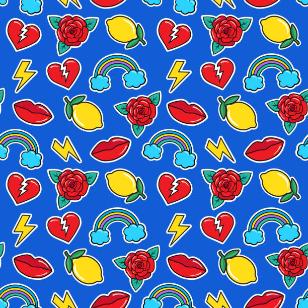 Seamless colorful pattern in fashion rockabilly tattoo style. Patches set, broken heart, rose, lemon, lips, rainbow etc on blue background. Vector illustration of modern vintage stickers blue rose against black background stock illustrations