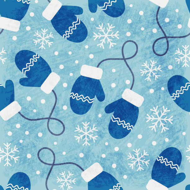 винтажный зимний бесшовный узор с нарисованными вручную синими варежками и снежинками на синем фоне. - рукавица stock illustrations