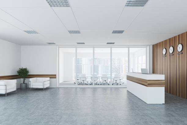 istock White and wooden reception, meeting room side 869889792
