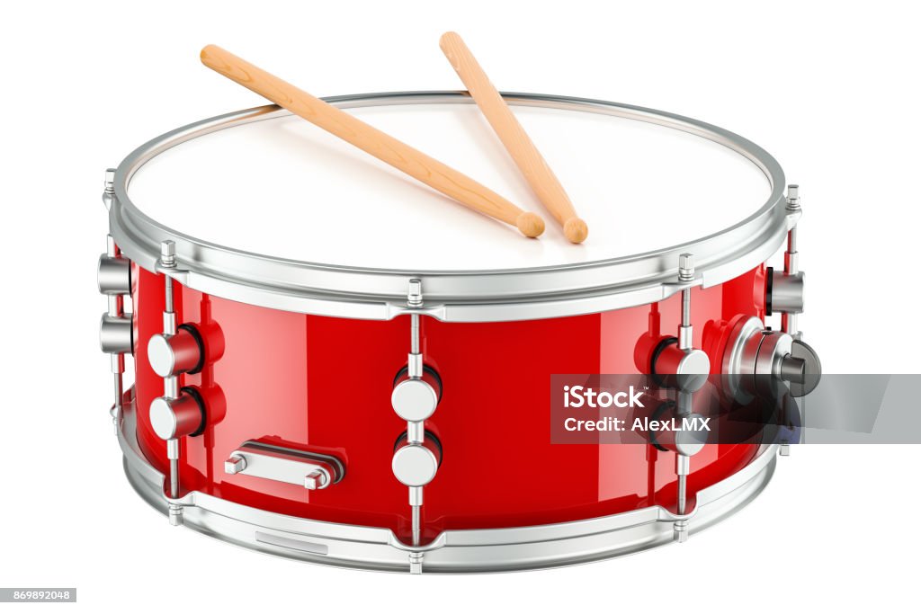 Red drum with drumsticks, 3D rendering isolated on white background Drum - Percussion Instrument Stock Photo