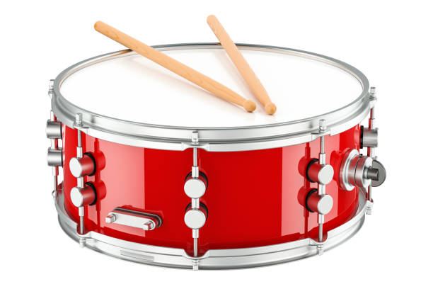 Red drum with drumsticks, 3D rendering isolated on white background Red drum with drumsticks, 3D rendering isolated on white background drum percussion instrument stock pictures, royalty-free photos & images