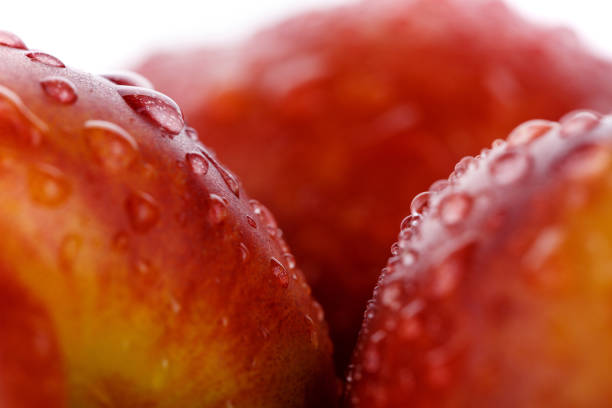 Fresh peaches covered of drops on white background. Macro foto.