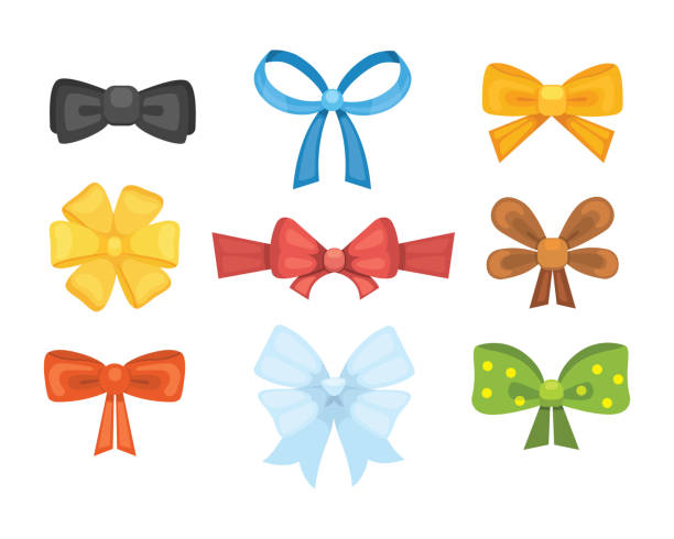 illustrazioni stock, clip art, cartoni animati e icone di tendenza di cartoni animati graziosi fiocchi regalo con nastri. colore farfalla cravatta - hair bow